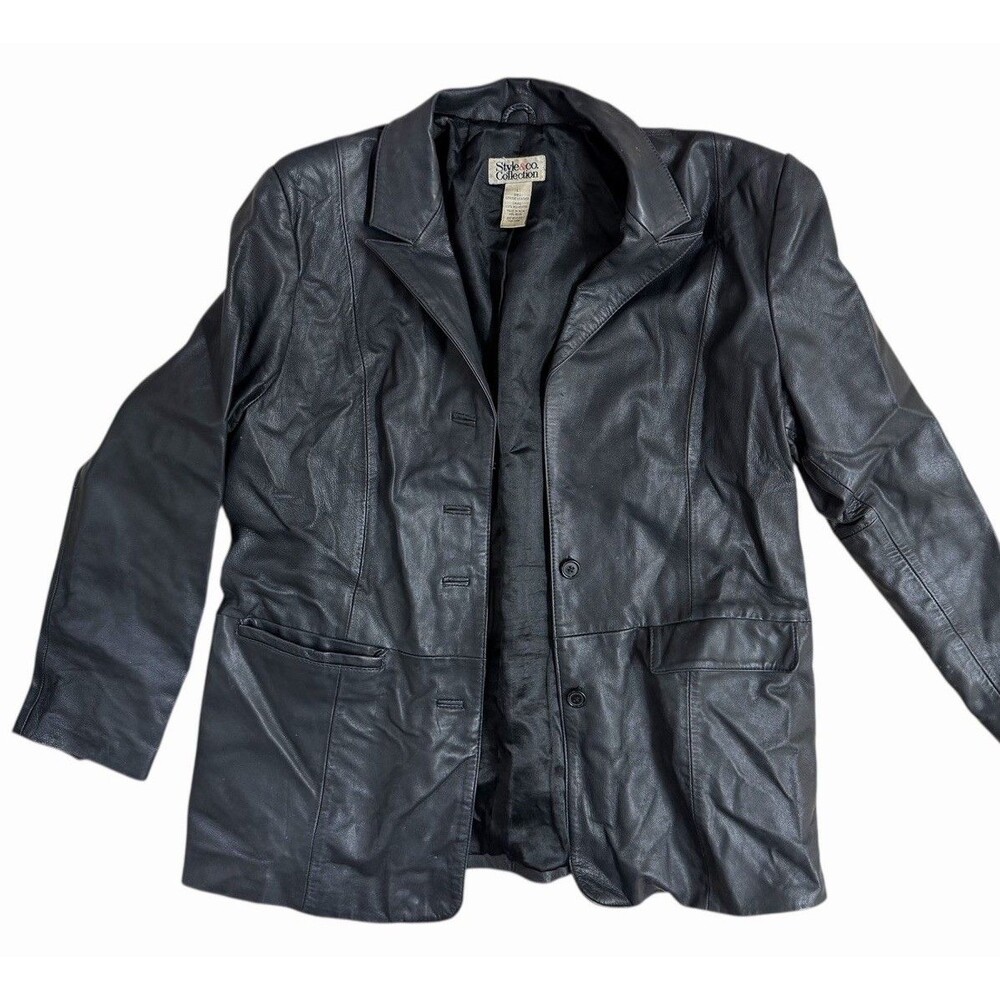 Style & Co Collection Genuine Leather Jacket Women’s L Black Button‎ Front